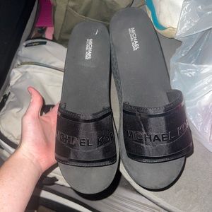 Michael Kors Womens Black MK Logo Platform Slip On Sandals